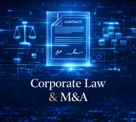 Корпоративное право и M&A: минималистичный баннер с премиальной типографикой на светлом фоне с золотыми акцентами